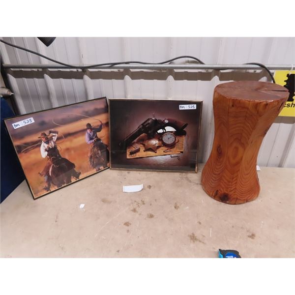 Rustic Stand 20" x 11"RD,  & 2 Western Pictures 20" x 16"