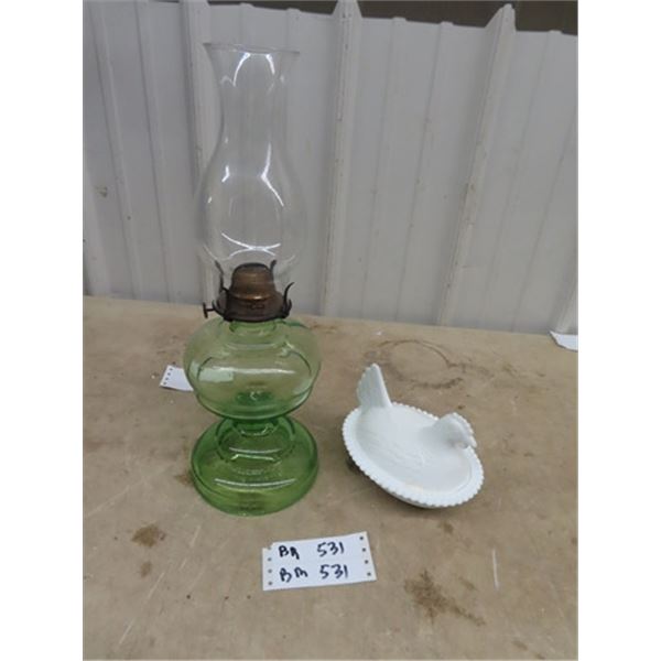 Green Depression Coal Oil Lamp- Milk Glass Hen on A Nest