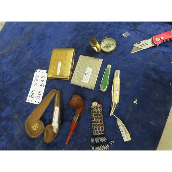 1907 Pipe & Case, 2 Cig Holders, 2 Pocket knived, & Compass