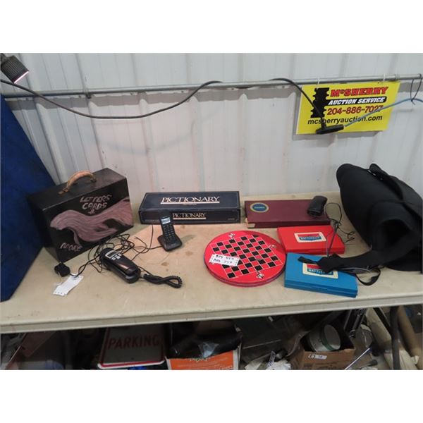 Wood Handled Container, Board Games, Massage Cushion, & Port Phone