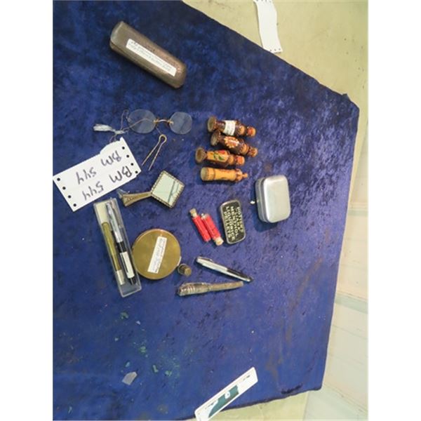 Vintage Eye Glasses w Chain & Button Hook , Compact, Perfume, Fountain Pens, Thimble Plus More!