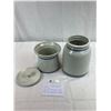 Image 2 : 2 Very Nice Vintage Stone Wear Crocks, Cookie And Sugar Containers, Cookie Jar Missing Lid