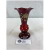 Image 1 : Antique Red Ruby Glass Vase With Hand Painted Grape Leaf Design, Hand Blown, 5.75"T