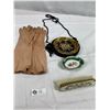 Image 1 : Vintage Kid Leather Long Gloves, English Dresser Brush, Embroidered Bag & Hand Painted Trinket Dish 