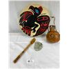 Image 1 : Vintage Indigenous Hide Drum w/ Beater, Carved Stone Face & Beaded Gourd Canteen