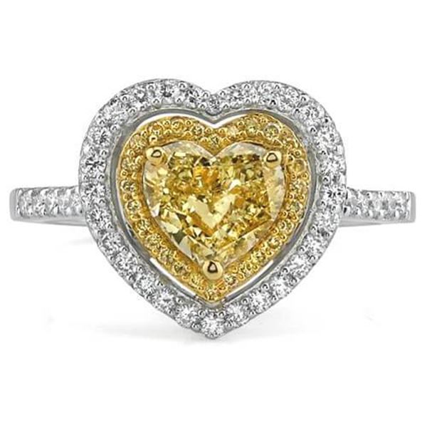 Natural 1.42 CTW Canary Yellow Heart Shape Double Halo Diamond Ring 18KT Two-tone