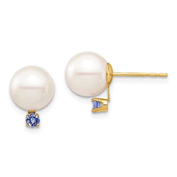 14k Yellow Gold White Pearl Tanzanite Post Earrings - 8-8.5 mm