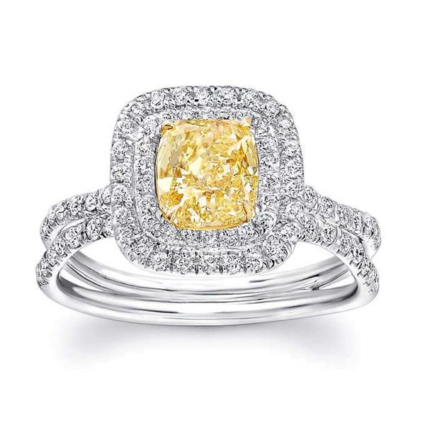Natural 2.87 CTW Double Halo Canary Light Yellow Cushion Cut Diamond Ring 18KT Two-tone