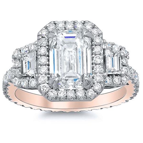 Natural 2.82 CTW Halo Emerald Cut & Trapezoids Diamond Ring 18KT Rose Gold