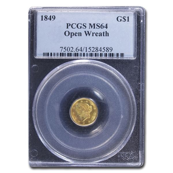 1849 $1 Liberty Head Gold Open Wreath MS-64 PCGS
