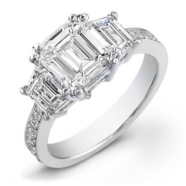Natural 1.62 CTW Emerald Cut & Trapezoids Diamond Engagement Ring 18KT White Gold