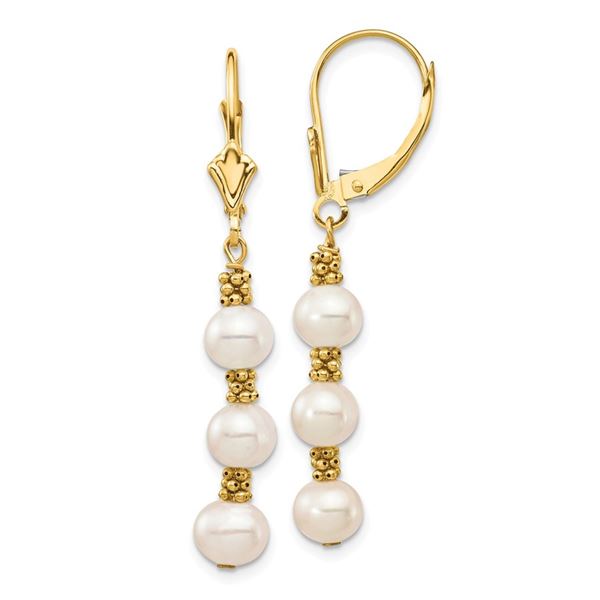14k Yellow AU White Semi-round Pearl Leverback Earrings - 5-6 mm