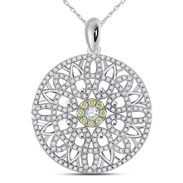 14kt White Gold Womens Round Diamond Mandala Circle Pendant 1 Cttw