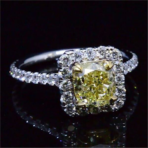 Natural 2.72 CTW Canary Yellow Cushion Cut Halo Diamond Engagement Ring 18KT Two-tone
