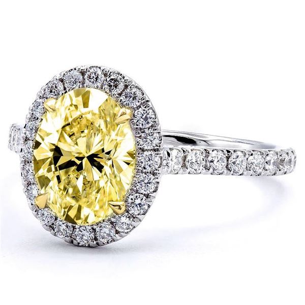 Natural 2.12 CTW Halo Canary yellow Oval Cut Diamond Ring 14KT White Gold