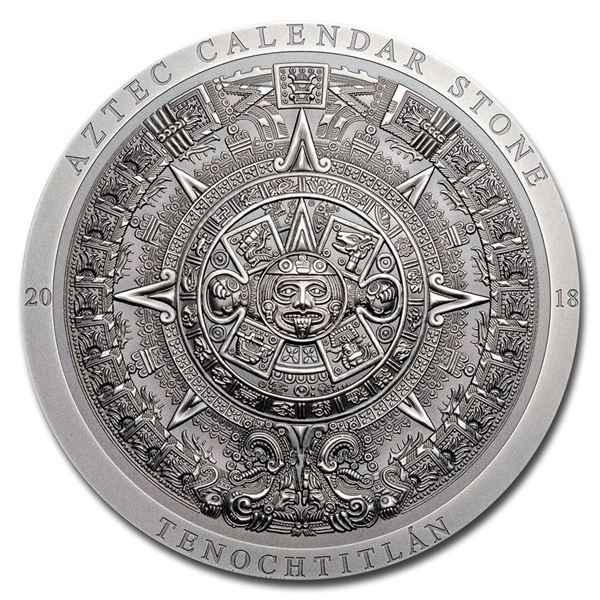 2018 Cook Islands 3 oz Silver Antique Aztec Calendar Stone