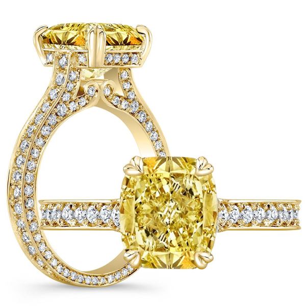 Natural 3.02 CTW Canary INTENSE Yellow Cushion Cut Diamond Engagement Ring 14KT Yellow Gold