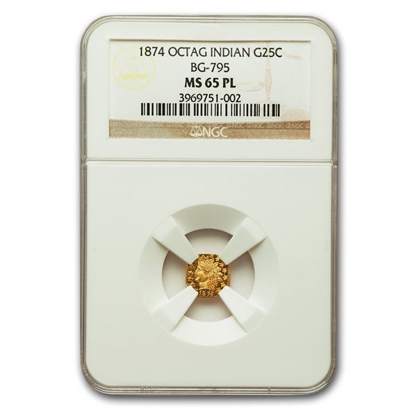 1874 Indian Octagonal 25¢ Gold MS-65 NGC (PL, BG-795)
