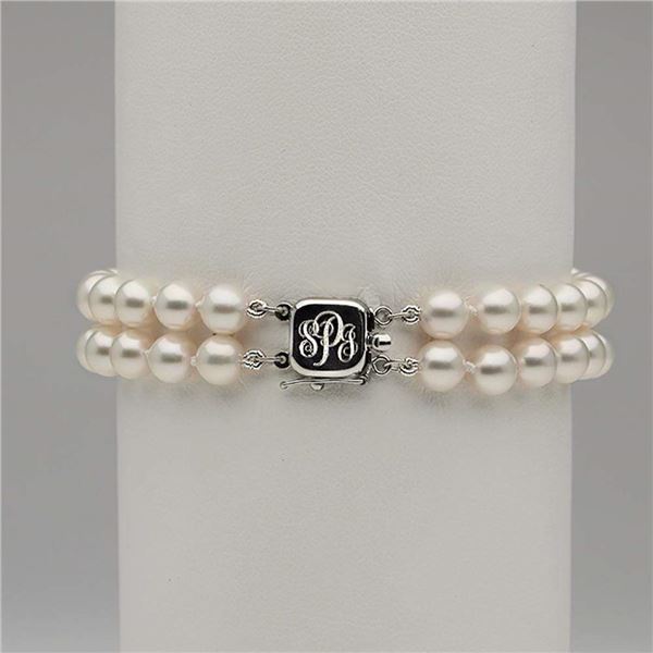 Double Strand White Akoya Pearl Bracelet with Custom Monogrammed Clasp