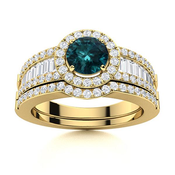 Natural 1.43 CTW Blue & White Diamond Engagement Ring 14K Yellow Gold