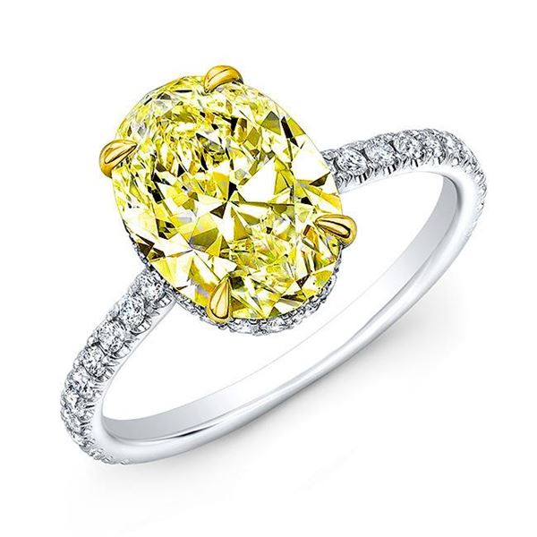 Natural 2.12 CTW Halo Canary Yellow Oval Cut Diamond Ring 14KT Two-tone