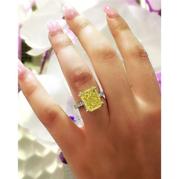 Natural 3.77 CTW Radiant Cut Earth Mined Canary Yellow Diamond Ring 18KT Two-tone