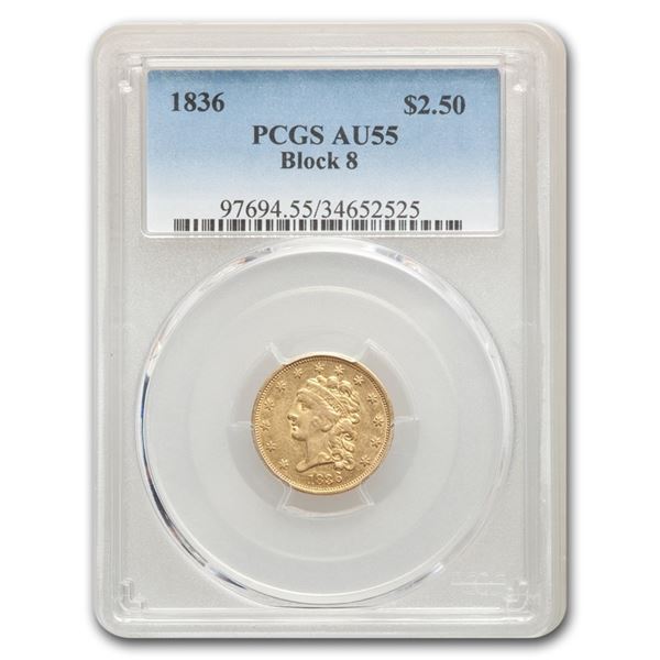 1836 $2.50 Gold Classic Head Quarter Eagle AU-55 PCGS (Block 8)