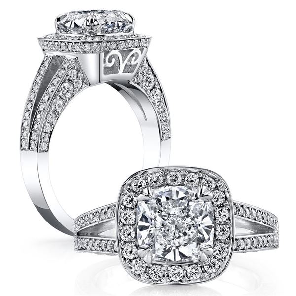 Natural 2.32 CTW Halo Cushion Cut Split Shank Diamond Engagement Ring 14KT White Gold