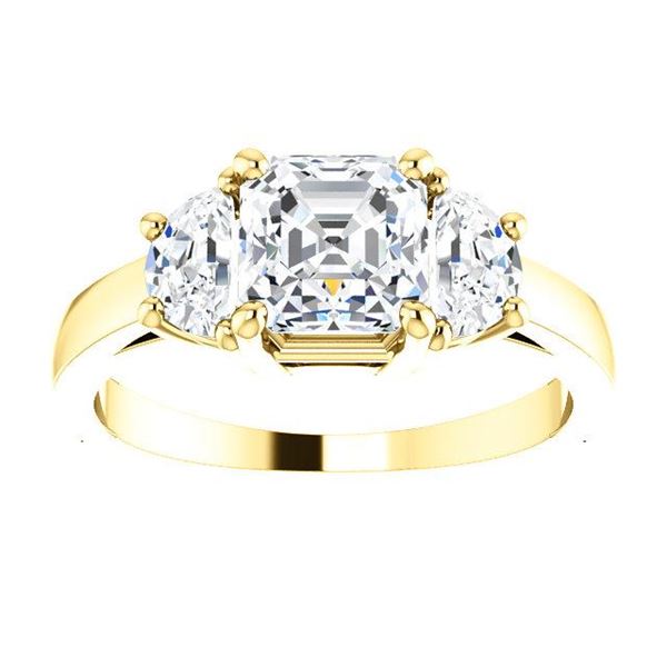 Natural 2.82 CTW Asscher Cut with Half Moons 3-Stone Diamond Ring 14KT Yellow Gold
