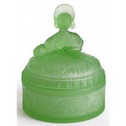 Victorian Lady Frosted Green Glass Powder Jar #1660364