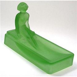 Art Deco Green Satin Glass Figural Soap Dish  #1660412