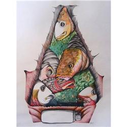 Contemporary Art Original Drawing Alert Fishes #1675256