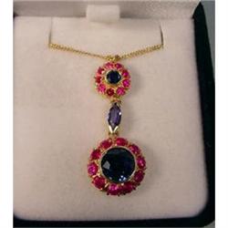 14ct Gold Pendant, Red and Blue Stones. #1677694
