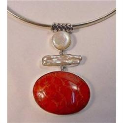 Red Coral, Pearl and Sterling Silver Pendant. #1677726