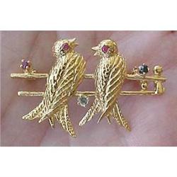 14k yellow gold bird pin with rubies  #1678253