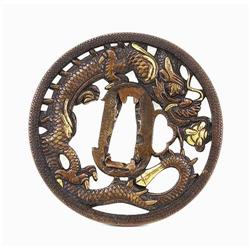 19C Japanese Open Work Tsuba Gilt Bronze Dragon#1678328