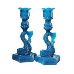 Antique Glass Blue Dolphin Candle Sticks #1708214