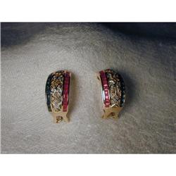 14K YG Filigree Diamond Ruby Sapphire Earrings #1722156