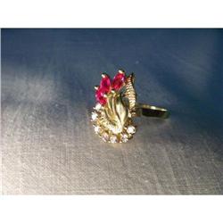 Estate 14K YG Ruby Diamond Filigree Flower Ring#1722263
