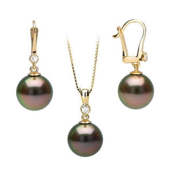 Black Tahitian Pearl and Diamond Bezel Dangle Earrings and Pendant Set