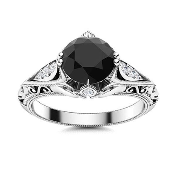 Natural 0.84 CTW Onyx & Diamond Engagement Ring 18K White Gold