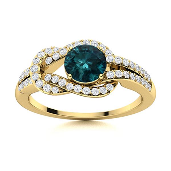 Natural 0.90 CTW Blue & White Diamond Engagement Ring 18K Yellow Gold