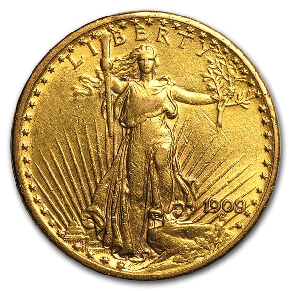 1909/8 $20 Saint-Gaudens Gold Double Eagle (Cleaned)