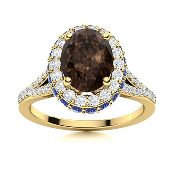 Natural 2.12 CTW Smoky Quartz, Sapphire & Diamond Engagement Ring 14K Yellow Gold