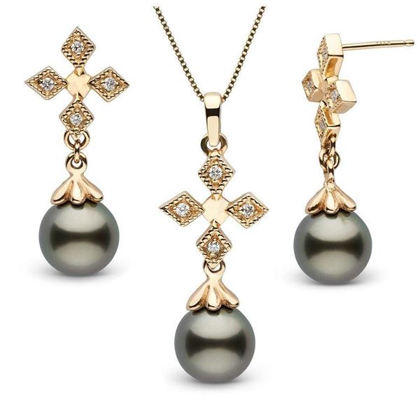 Black Tahitian Pearl and Diamond Cross Pendant and Earring Set