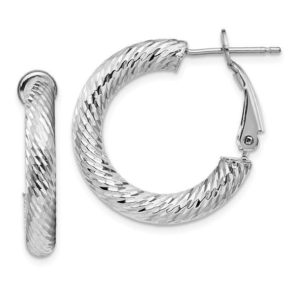 14k White Gold Diamond-cut Omega Back Hoop Earrings - 4x15 mm