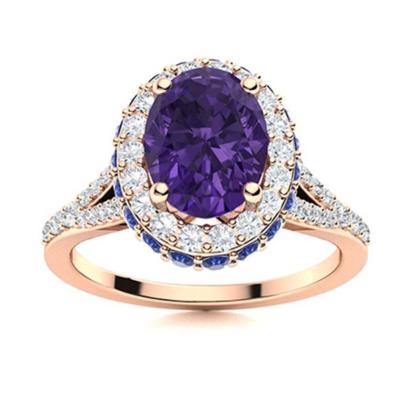 Natural 1.82 CTW Amethyst, Sapphire & Diamond Engagement Ring 18K Rose Gold