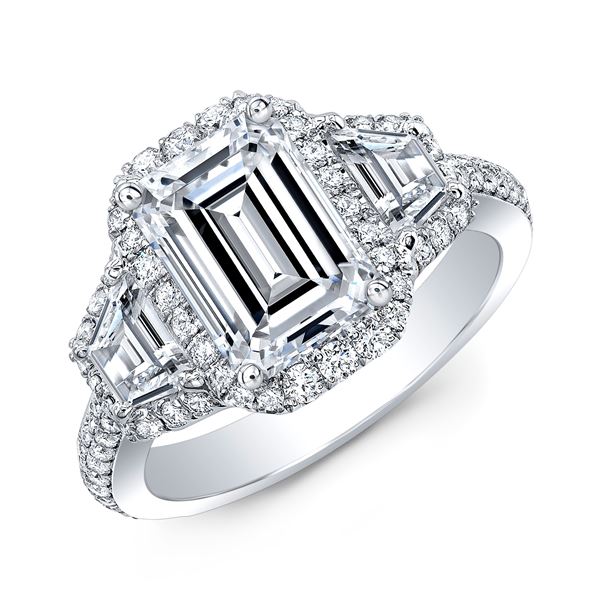 Natural 2.72 CTW Halo Emerald Cut & Trapezoids Diamond Engagement Ring 14KT White Gold