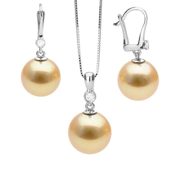 Golden South Sea Pearl and Diamond Bezel Pendant and Dangle Earring Set