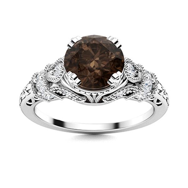 Natural 1.56 CTW Smoky Quartz & Diamond Engagement Ring 18K White Gold